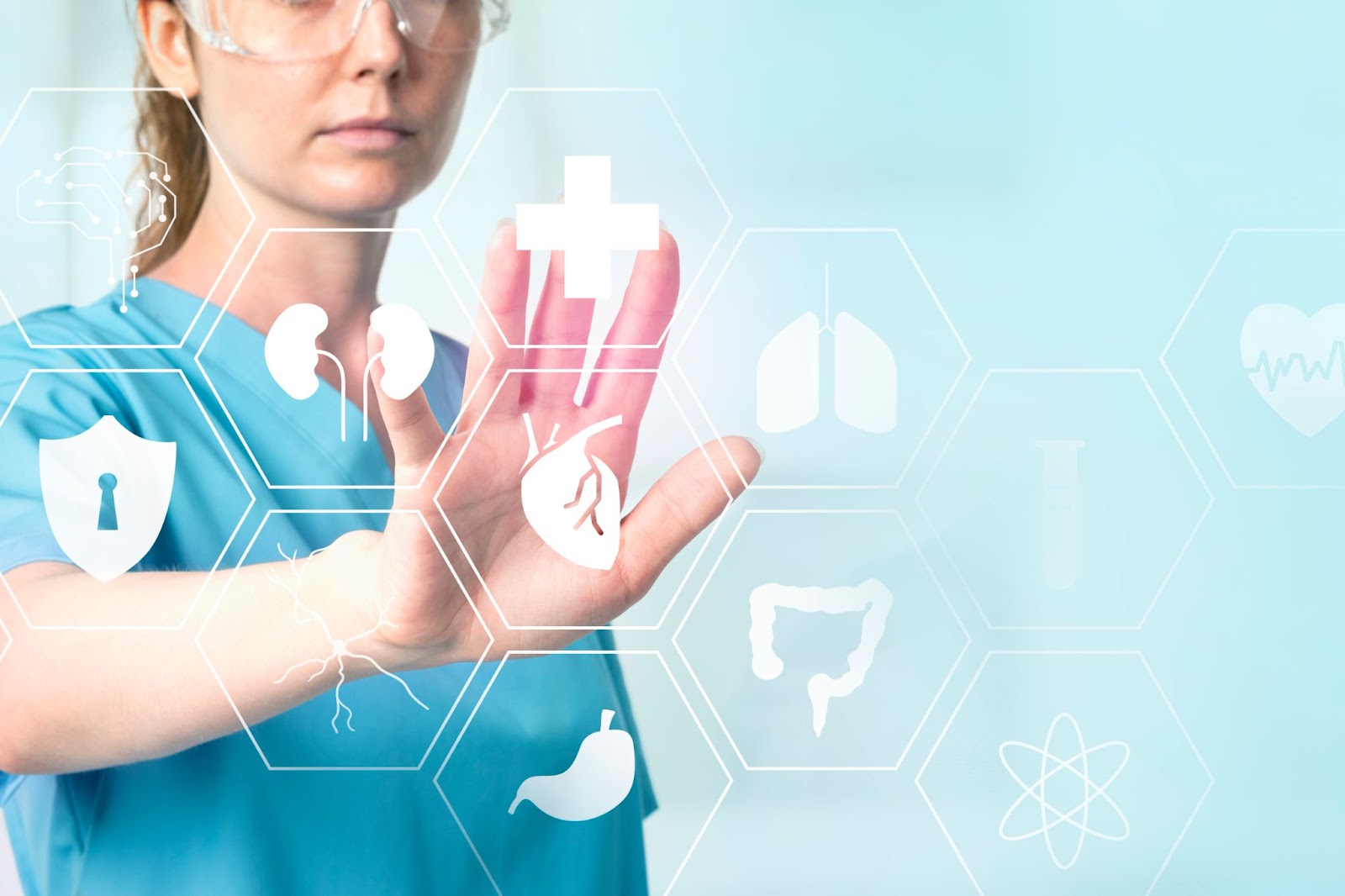 New Software: Female doctor with smart glasses touching virtual screen medical technology