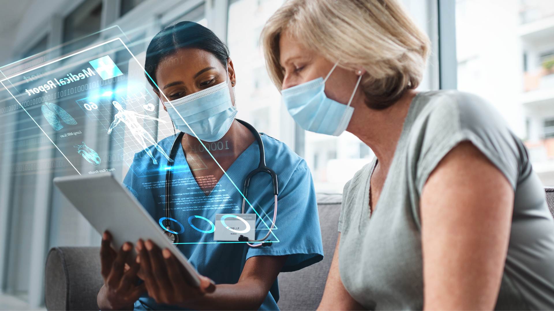 Doctor showing a patient a technichologically advanced version of their health records on a holographic display