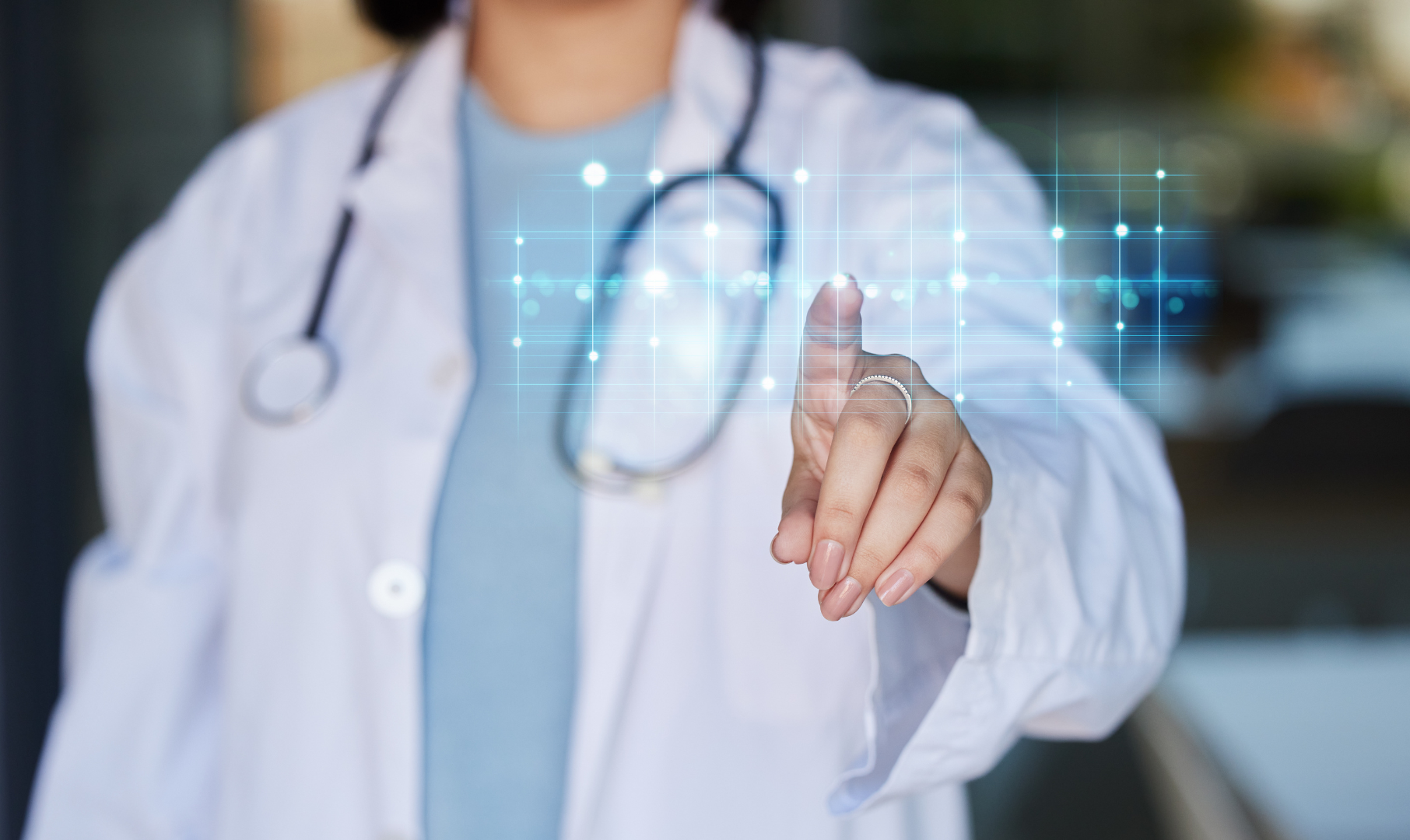 Doctor hand, futuristic overlay and healthcare worker pointing to hospital analytics.